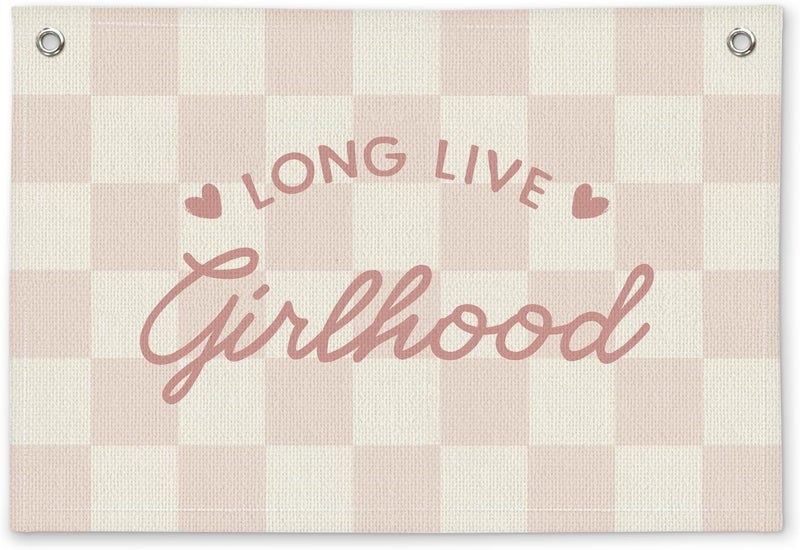 ETVISO Long Live Girlhood Preppy Pink Checkered Girls Room Decor - Linen Banner Wall Hanging Canvas Banner Flag Decor for Girly Nursery Toddler Playroom Bedroom Dorm Apartment - Image 1